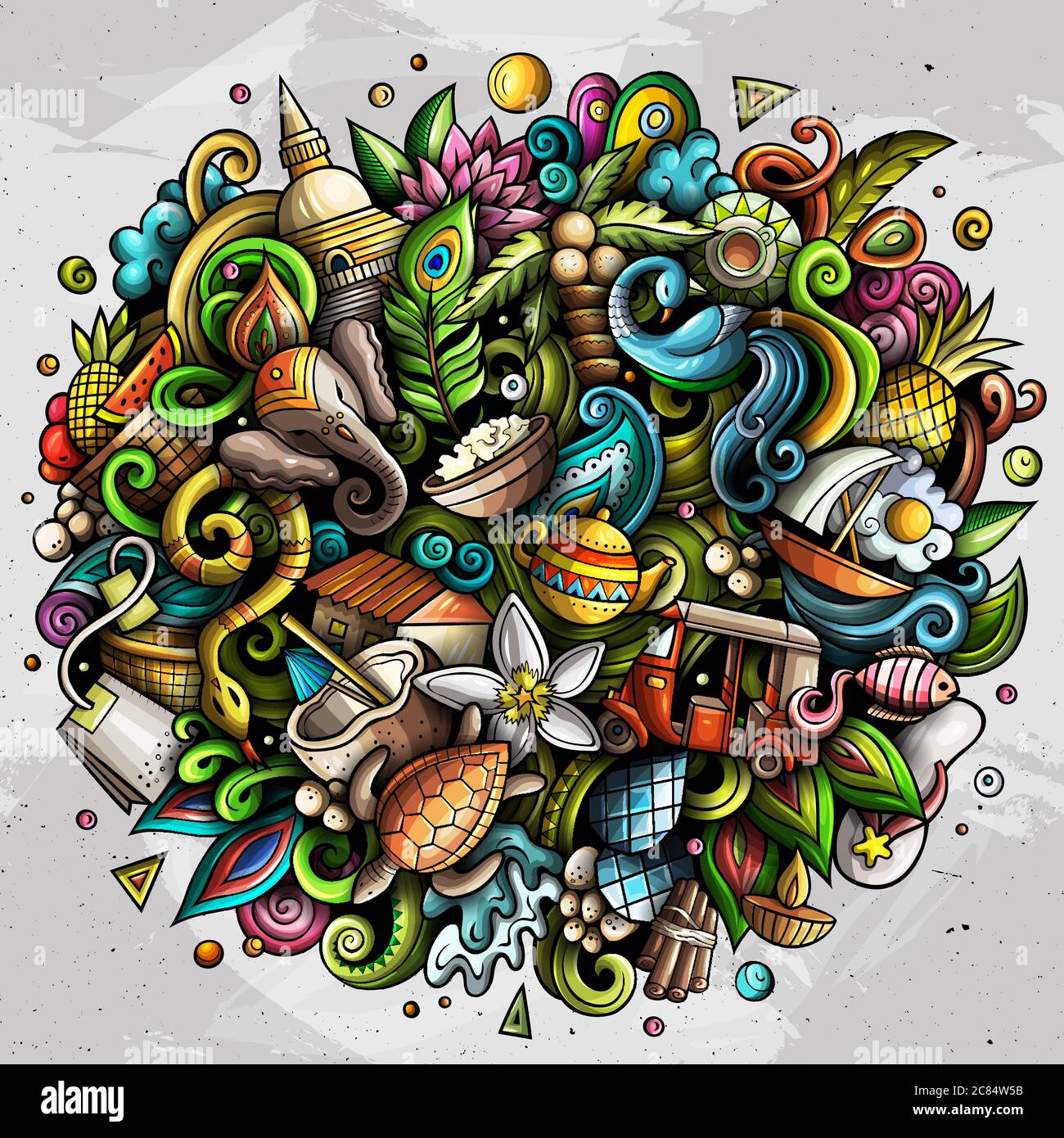 Sri Lanka disegnata a mano fumetti doodles illustrazione. Design divertente da viaggio. Illustrazione Vettoriale