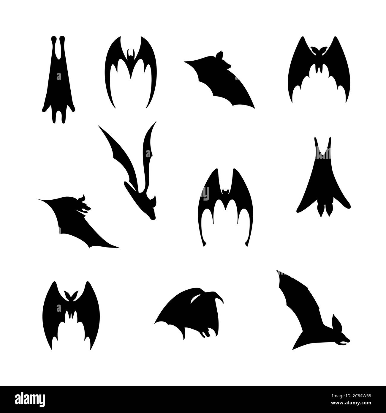 illustrazione vettoriale dei pipistrelli in volo. Silhouette nero flittermouse. Set di pipistrelli di diverse forme Illustrazione Vettoriale