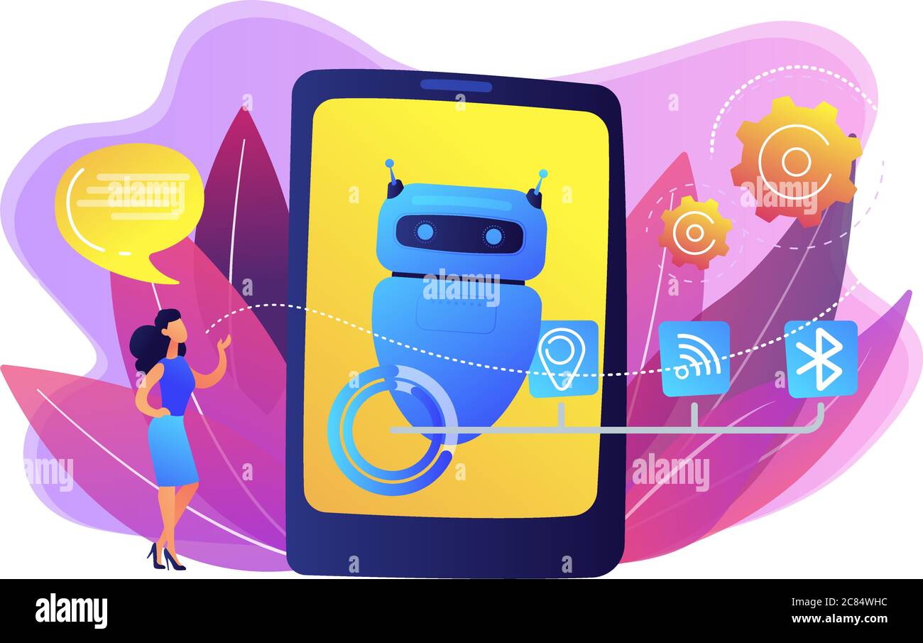 Assistente virtuale chatbot tramite illustrazione vettoriale del concetto di messaggistica. Illustrazione Vettoriale