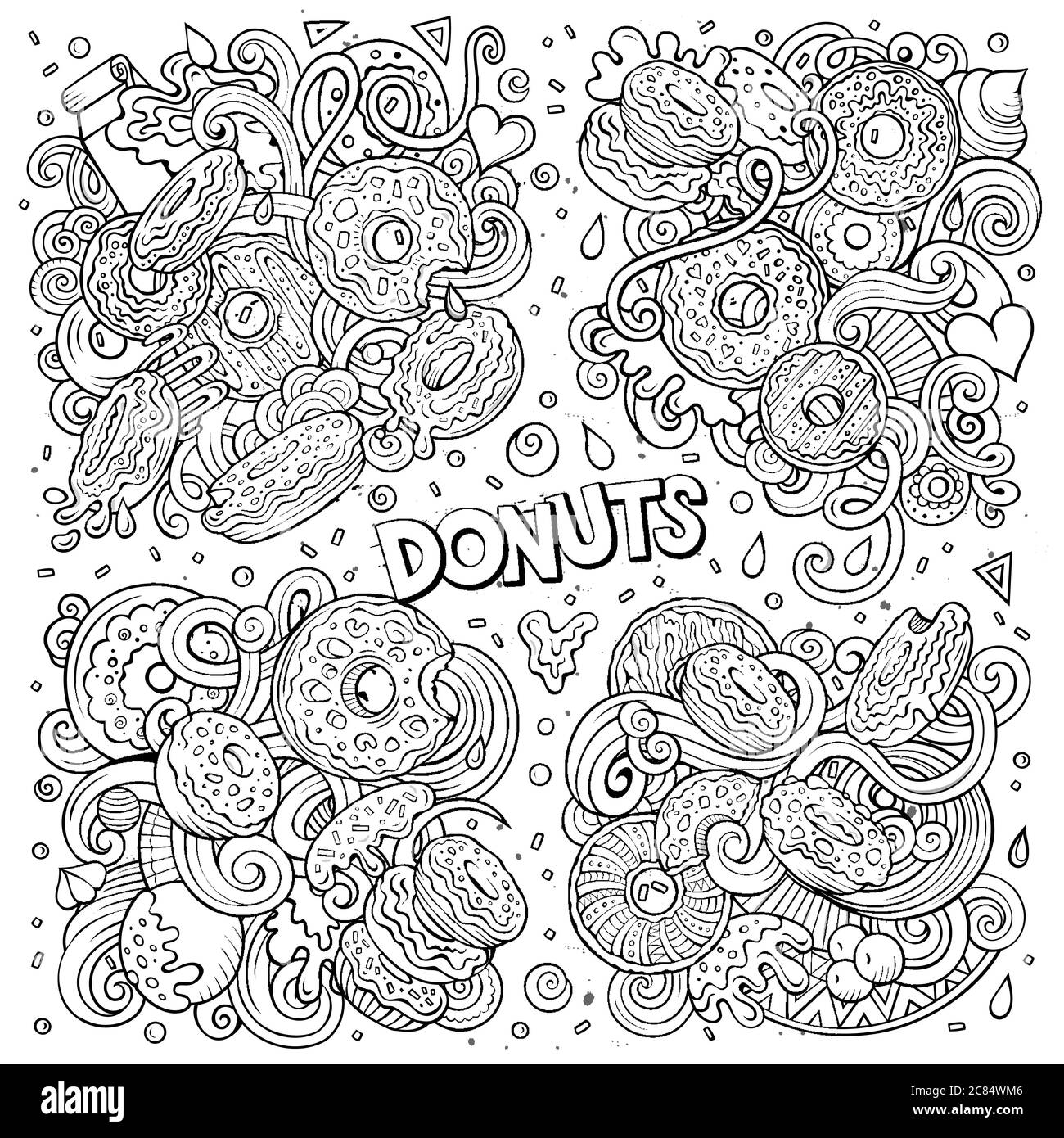 Line art vettore mano doodles disegnati cartoon set di Donuts combinazioni di oggetti Illustrazione Vettoriale