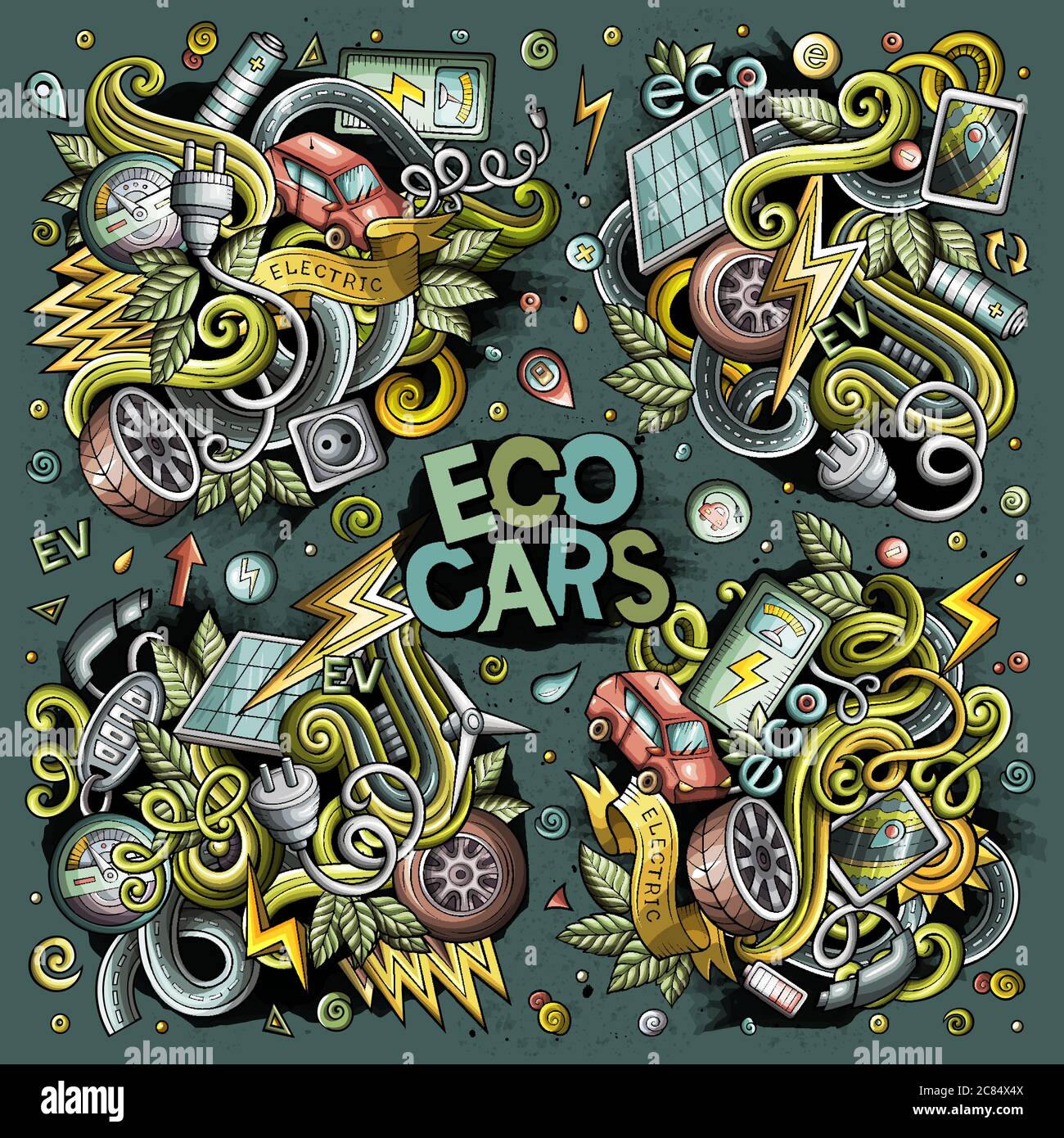 Colorful vettore doodle cartone animato serie di auto elettriche disegni Illustrazione Vettoriale