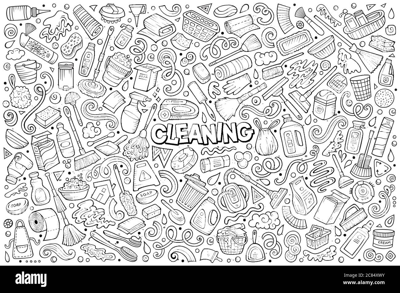 Line art vettore doodle cartoon set di oggetti e simboli di pulizia Illustrazione Vettoriale