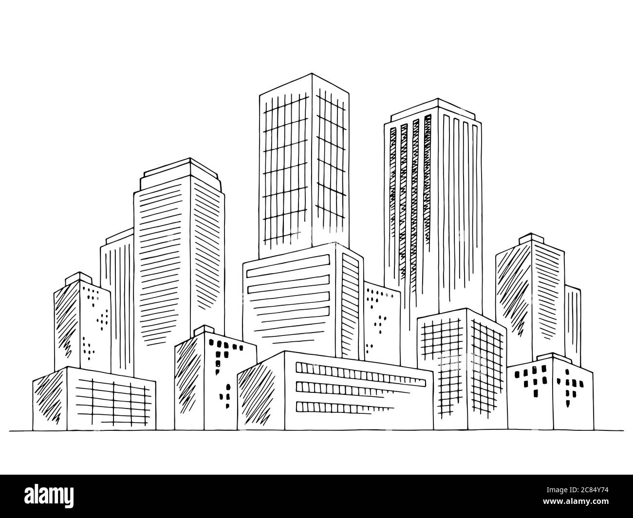 Città grafica nero bianco skyline disegno grafico vettoriale Illustrazione Vettoriale