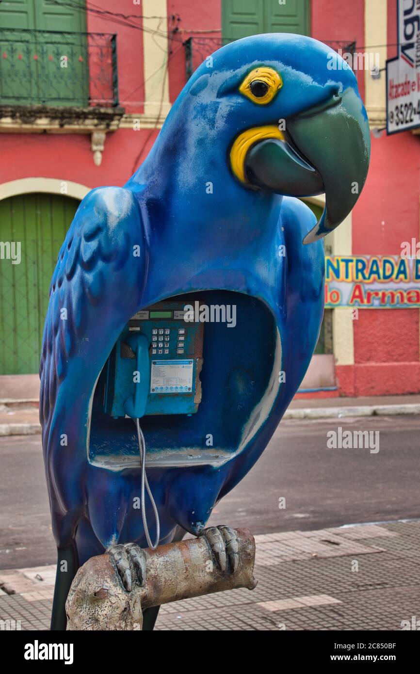 Un chiosco telefonico rifugio nella forma divertente di un enorme pappagallo blu in Alter do Chao, Para state, Brasile Foto Stock