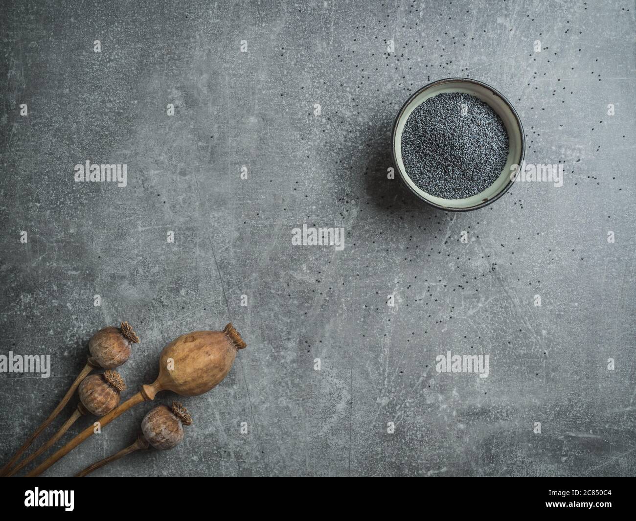 Asciuga le teste di papavero e i semi di papavero in ciotola di ceramica e rovesciato sullo sfondo. Foto a soffitto con spazio per la copia. Foto Stock