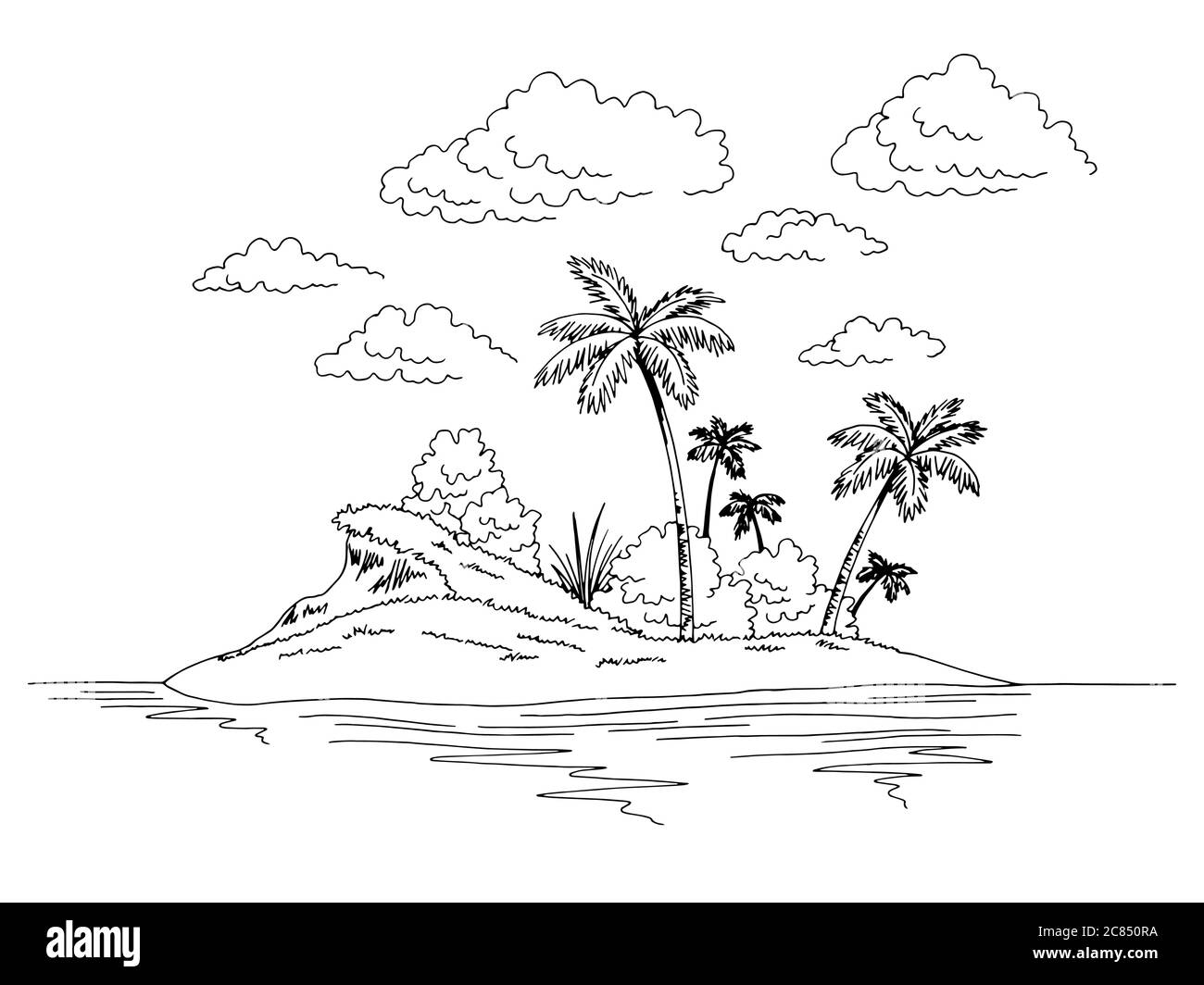 Isola grafica nero bianco disegno paesaggio illustrazione vettore Illustrazione Vettoriale