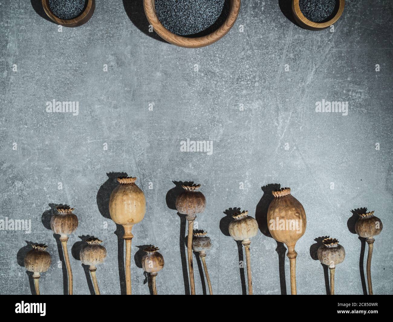 Teste di papavero asciutte e semi di papavero in ciotole di legno su sfondo di marmo. Foto dall'alto con luce forte. Foto Stock
