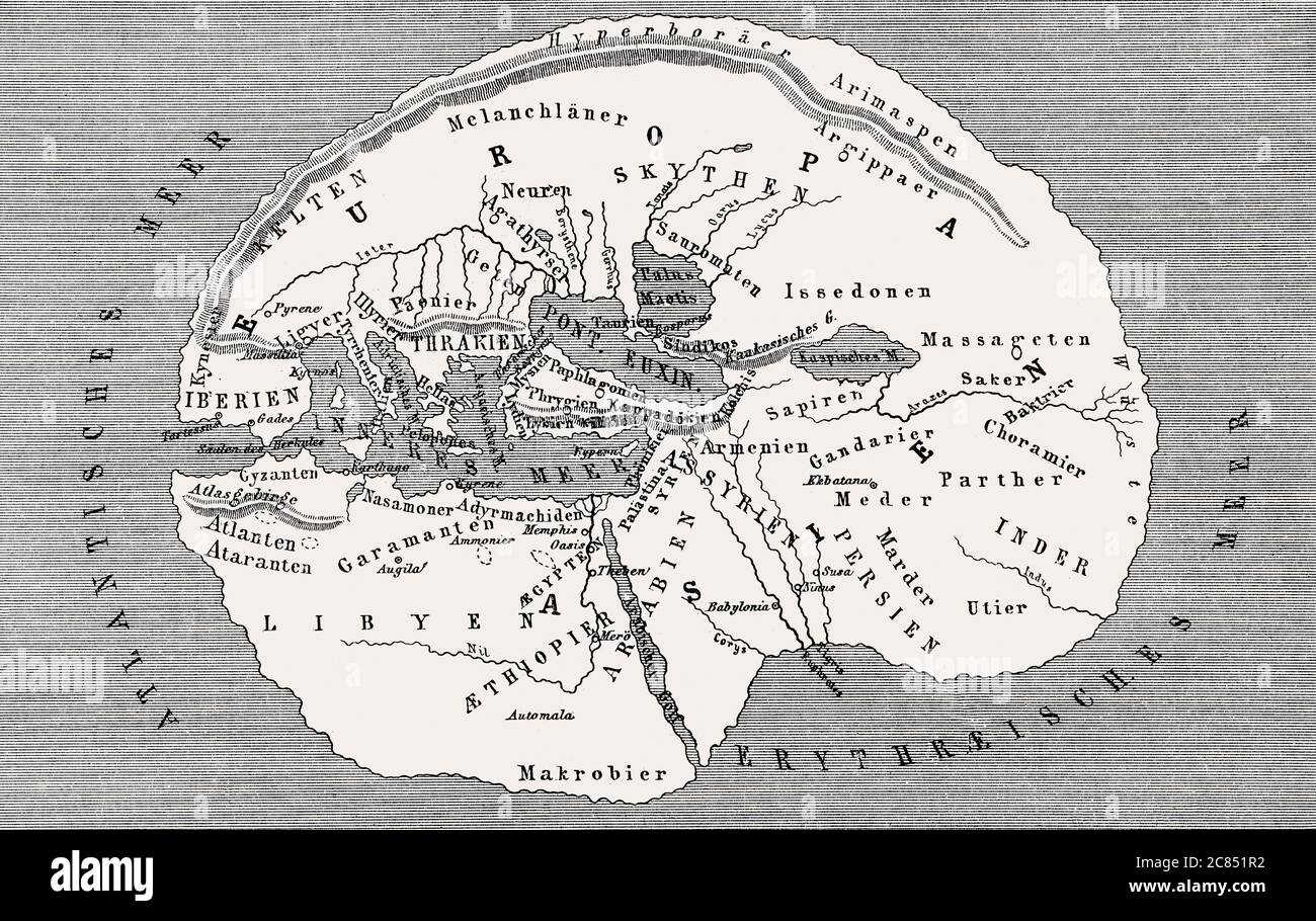 Mappa del mondo di Erodoto di Halicarnasso, V secolo a.C., storico greco, geografo ed etnografo Foto Stock