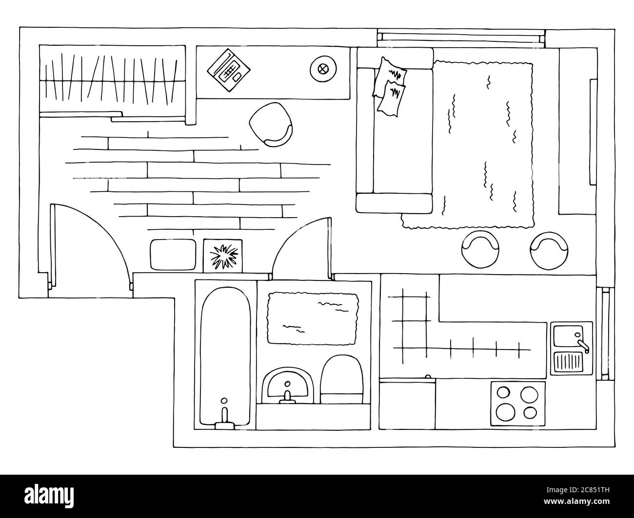 Home plan architettura interna grafica nero bianco illustrazione schizzo vettore Illustrazione Vettoriale