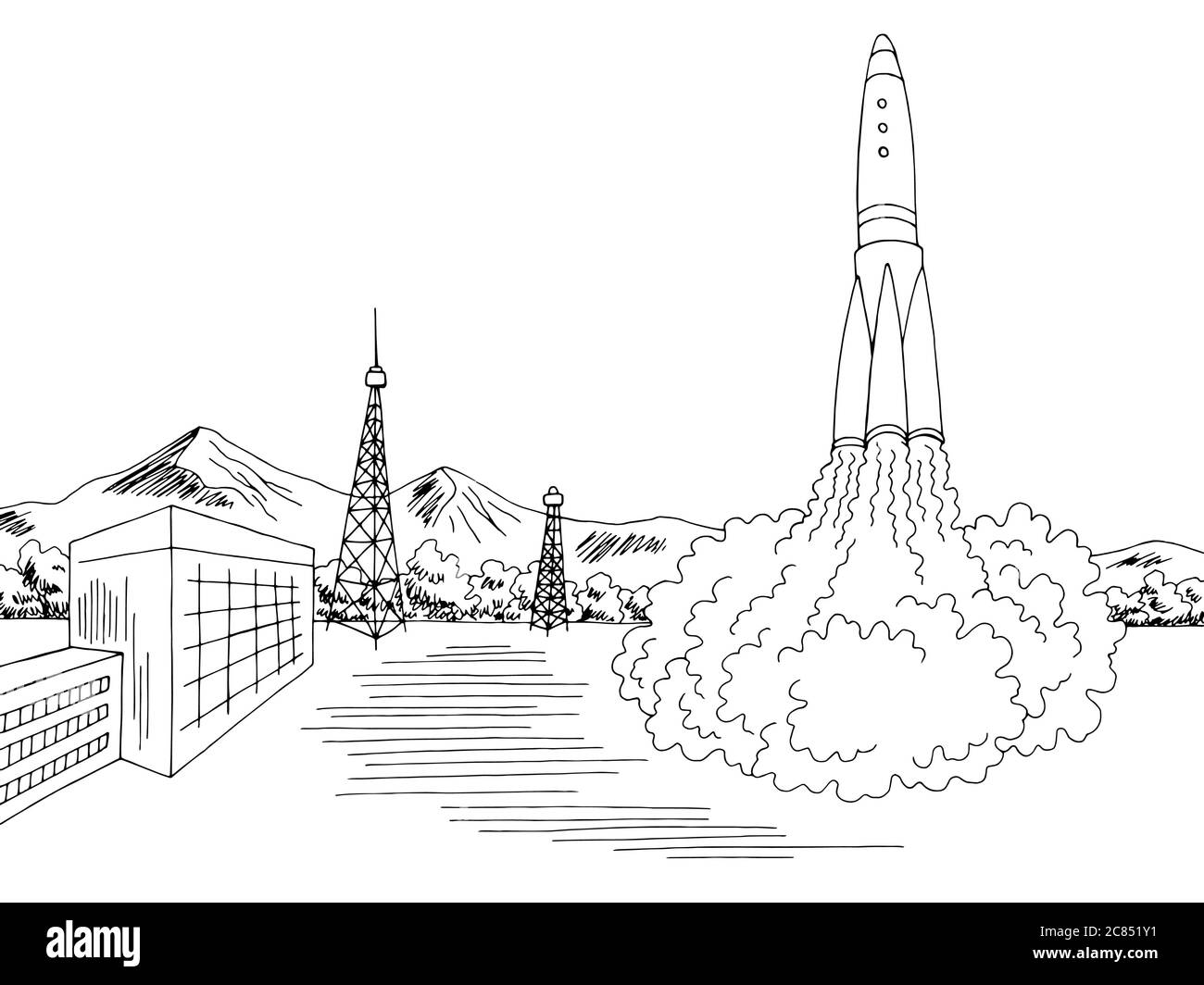 Spaceport lancia un razzo esterno grafico nero bianco illustrazione schizzo vettore Illustrazione Vettoriale