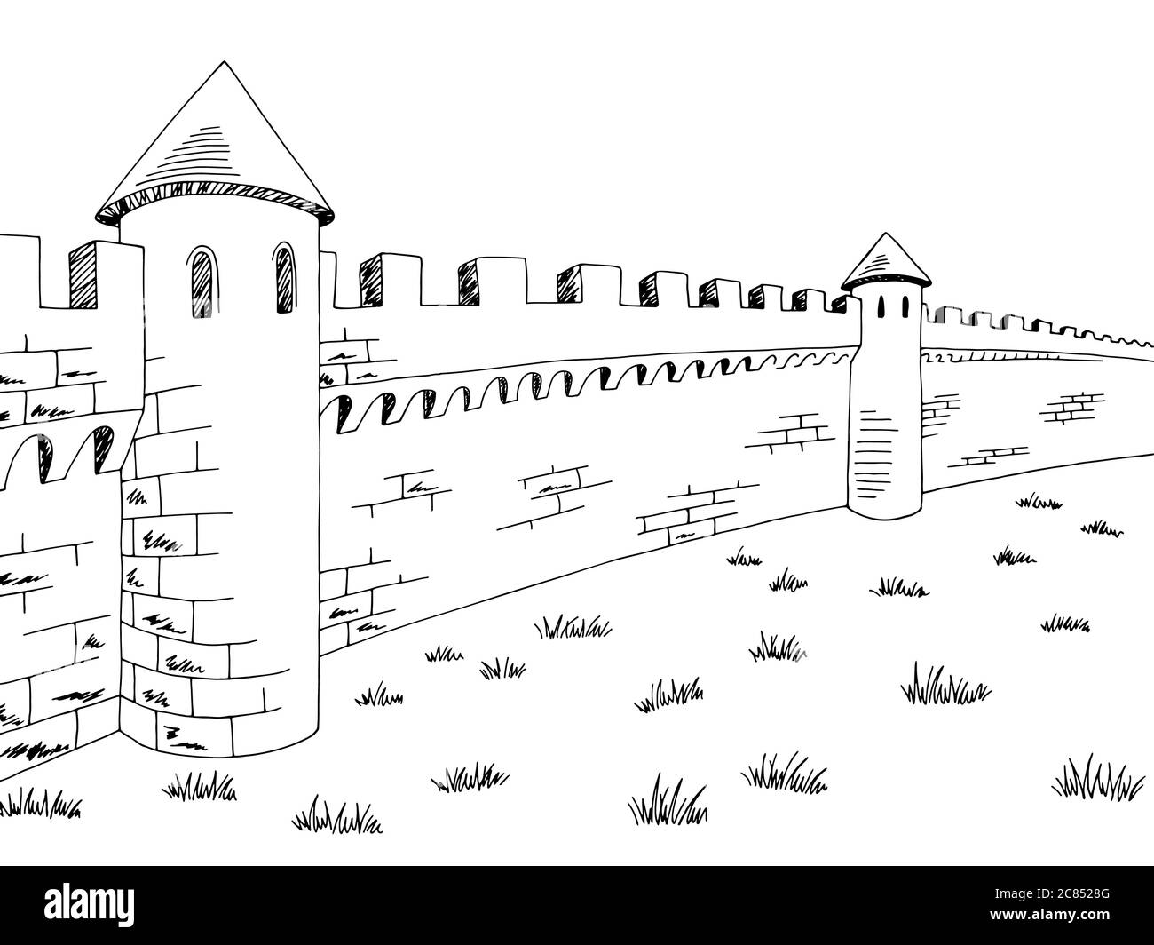 Castello parete medievale grafico bianco nero illustrazione vettore schizzo Illustrazione Vettoriale