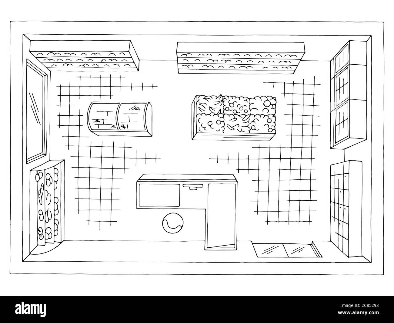 Negozio di alimentari negozio interno superiore aereo vista nero bianco grafico schizzo illustrazione vettore Illustrazione Vettoriale