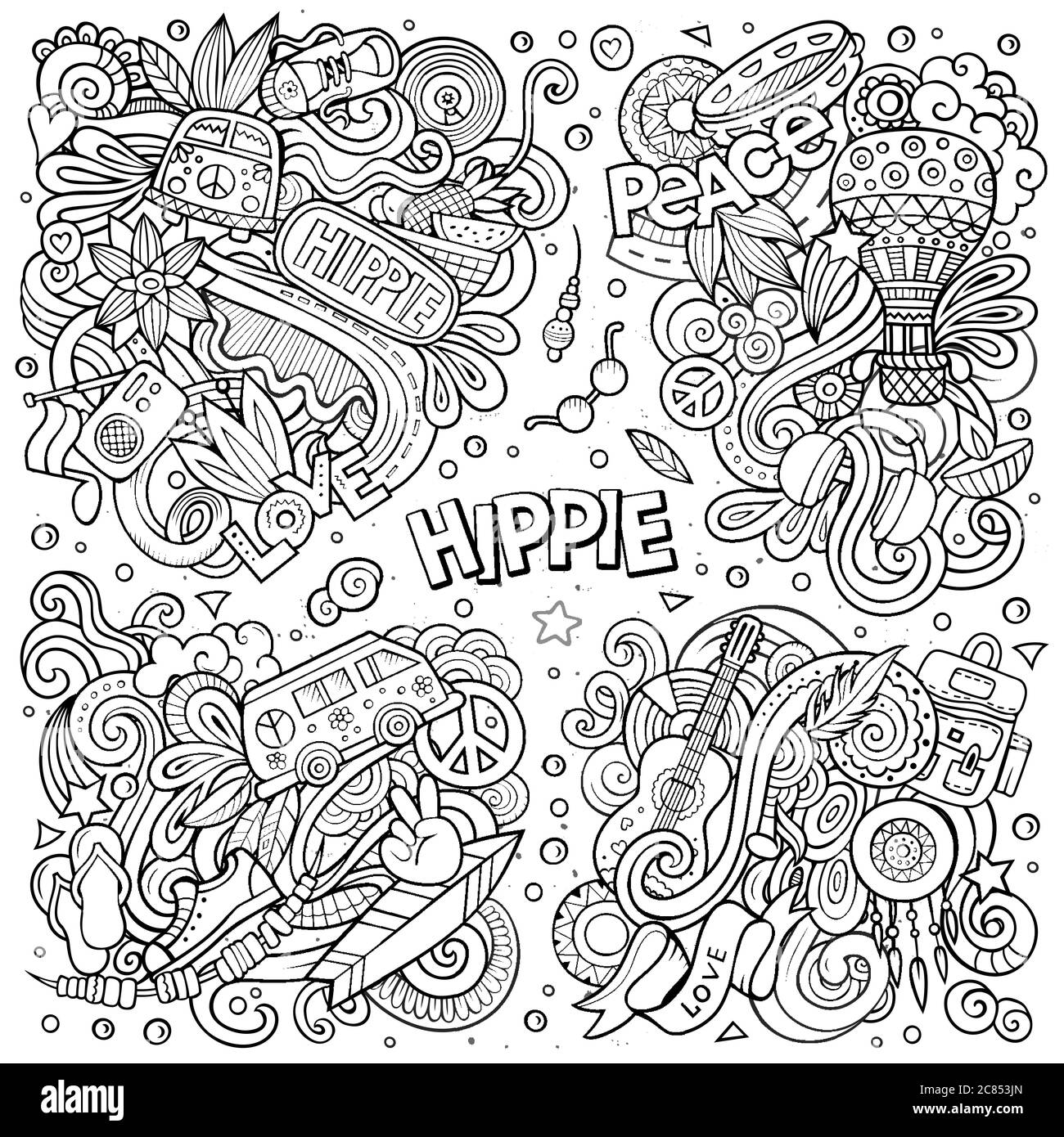 Line art vettore mano doodles disegnati cartoon set di combinazioni di Hippie di oggetti Illustrazione Vettoriale