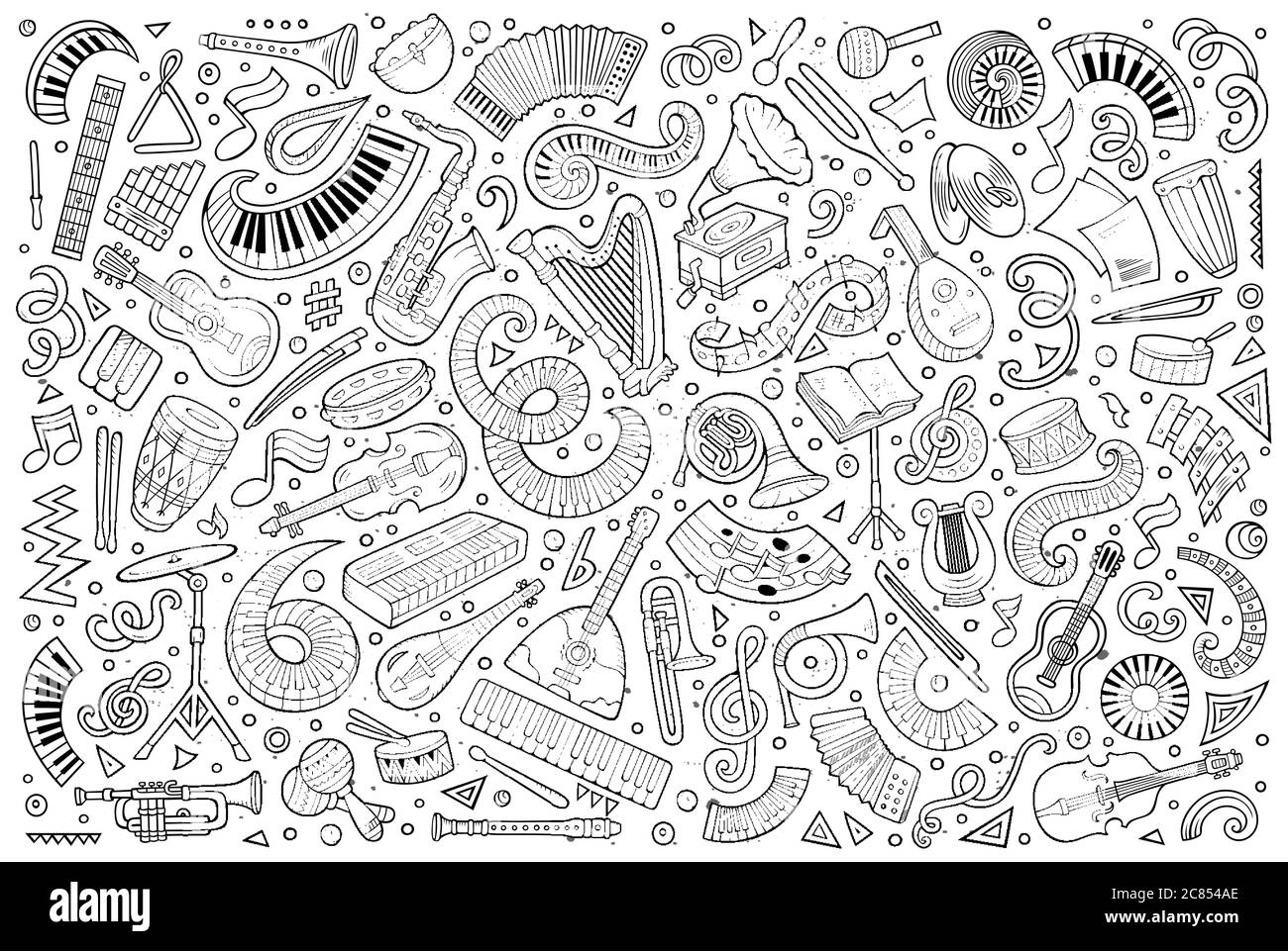 Vettoriale doodles cartoon set di strumenti musicali classici oggetti Illustrazione Vettoriale