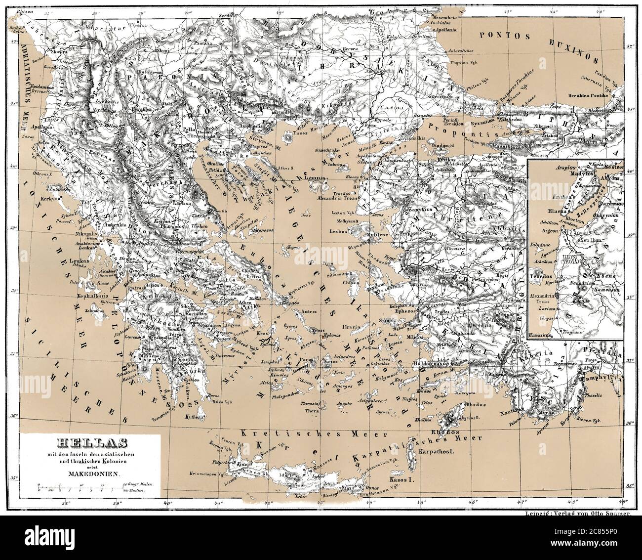 Mappa storica della Grecia antica con asiatici e colonie di Tracia Foto Stock