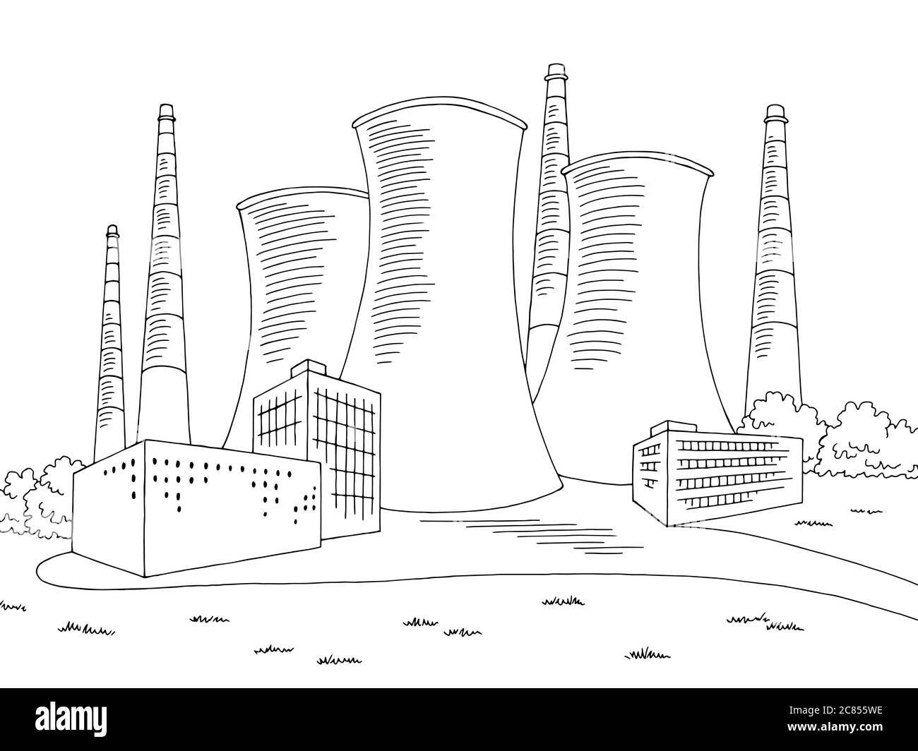Impianto nucleare grafico bianco nero disegno grafico paesaggio vettore illustrazione Illustrazione Vettoriale