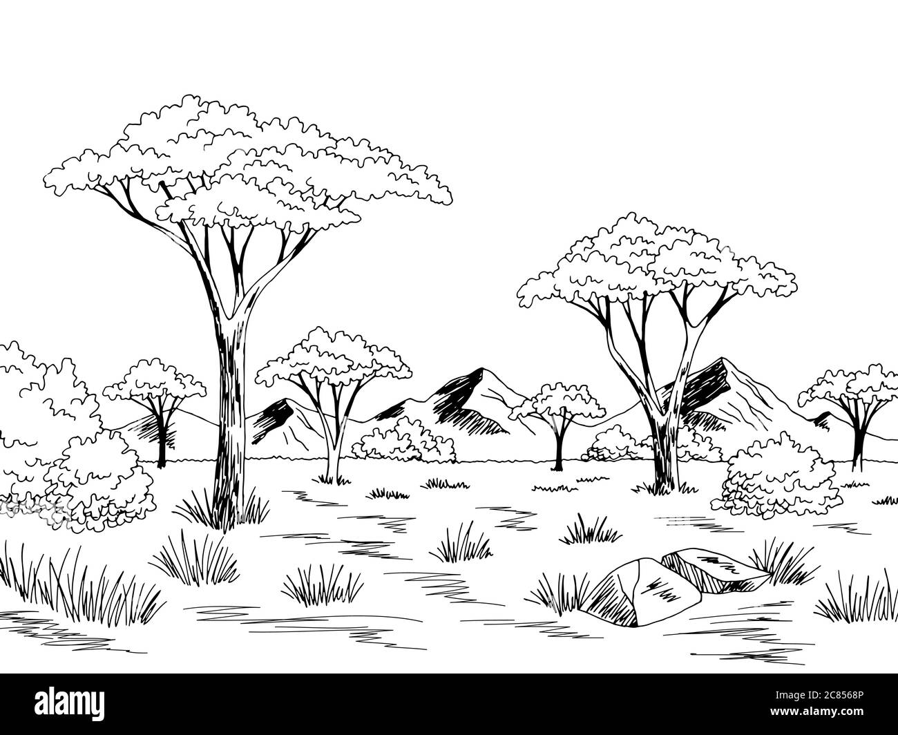 Savannah grafico bianco nero illustrazione dello schizzo del paesaggio vettore Illustrazione Vettoriale