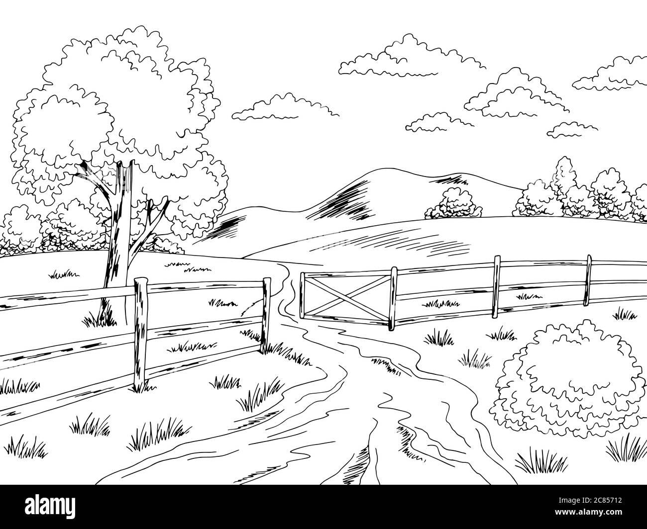 Rural Road recinto cancello grafico bianco nero disegno paesaggio vettore illustrazione Illustrazione Vettoriale