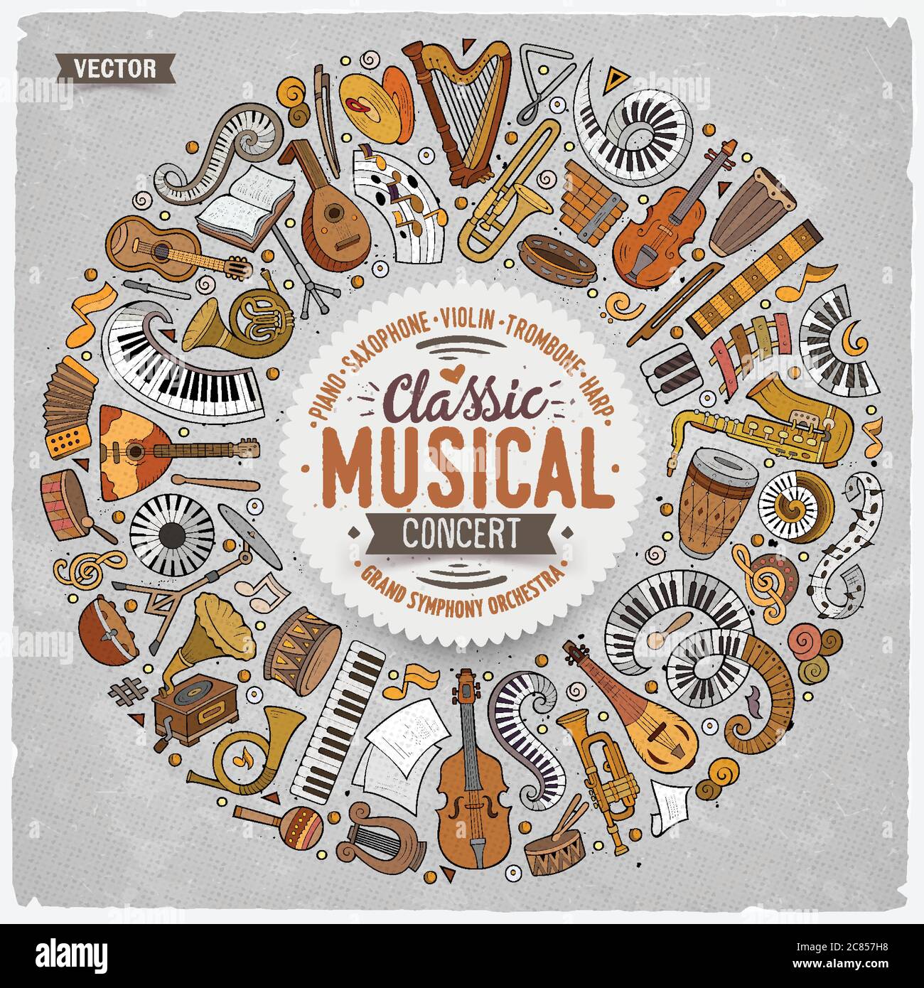 Insieme di cartoni animati vettoriali doodle classici strumenti musicali e oggetti raccolti in un bordo circolare Illustrazione Vettoriale