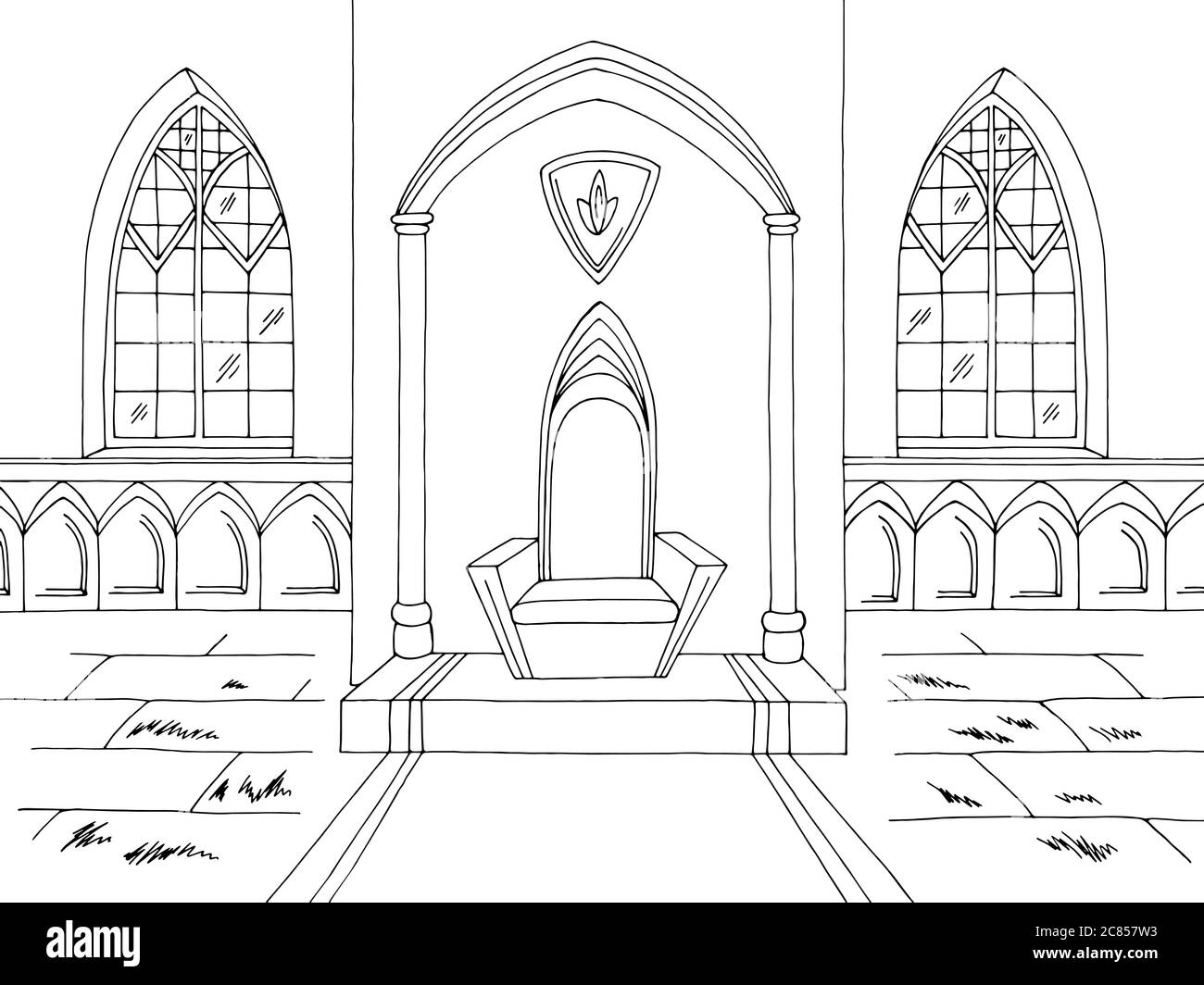 Sala trono grafico interno castello nero bianco medievale disegno vettore Illustrazione Vettoriale