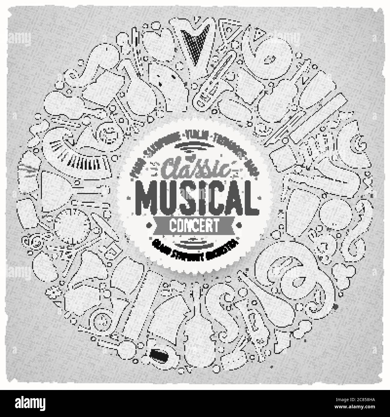 Insieme di cartoni animati vettoriali doodle classici strumenti musicali e oggetti raccolti in un bordo circolare Illustrazione Vettoriale