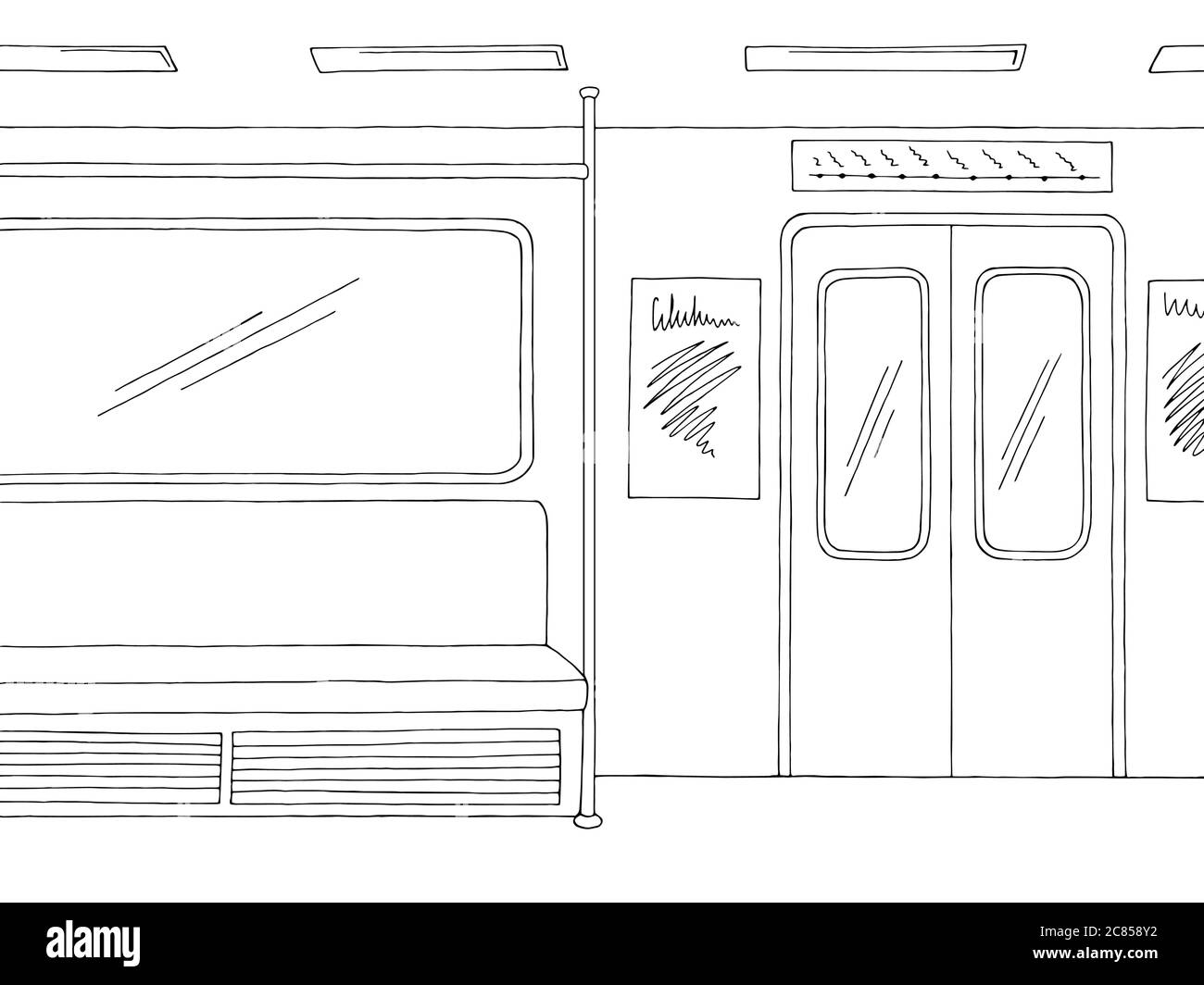 Treno interno grafico metropolitana metropolitana nero bianco illustrazione vettore schizzo Illustrazione Vettoriale