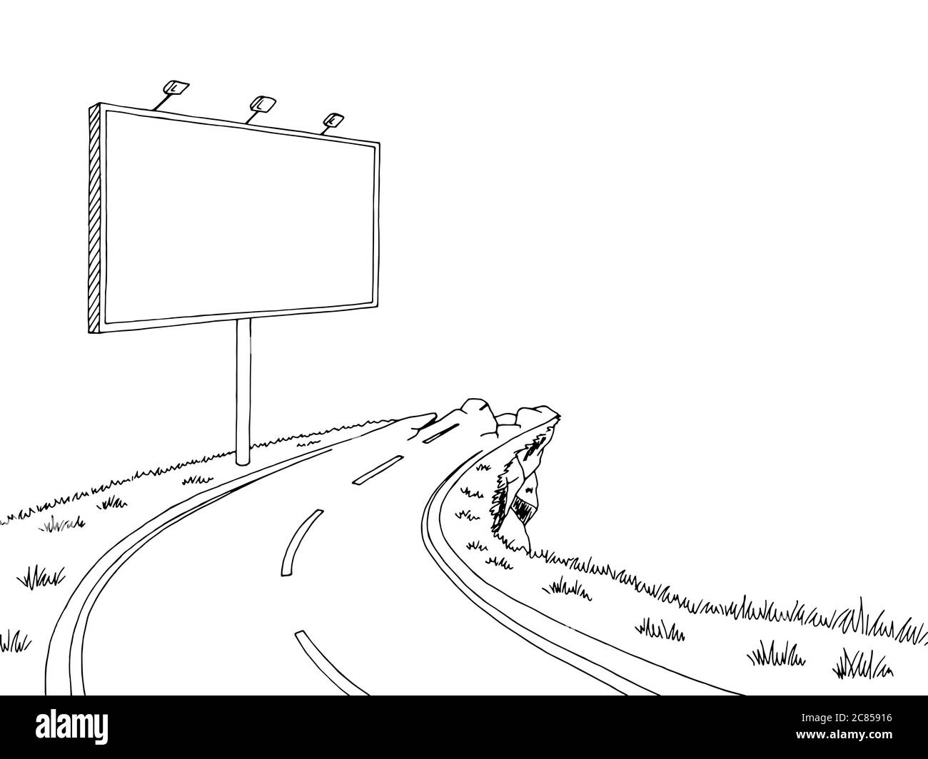 Cliff distrutta strada affissione grafica nero bianco paesaggio illustrazione vettore Illustrazione Vettoriale