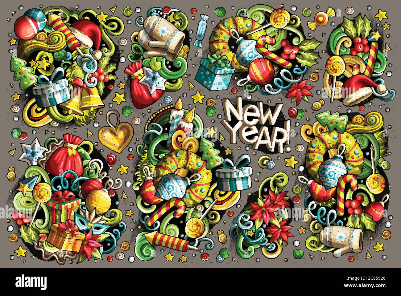 Doodle cartoon set di oggetti di Capodanno e Natale Illustrazione Vettoriale