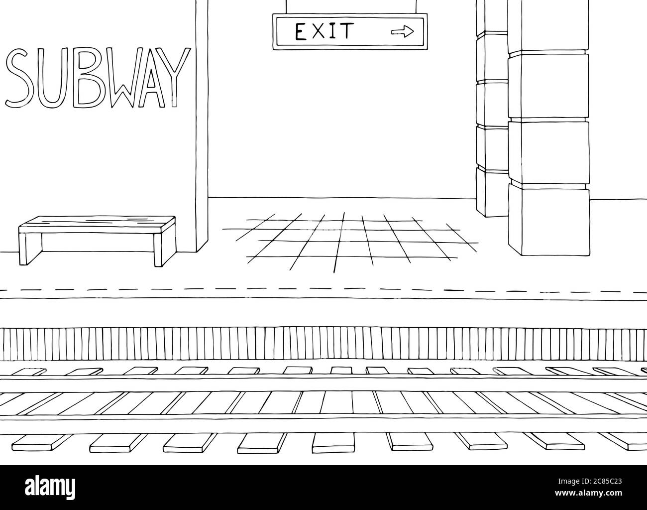 Grafico della piattaforma della stazione metropolitana grafico dello schizzo bianco nero Illustrazione Vettoriale