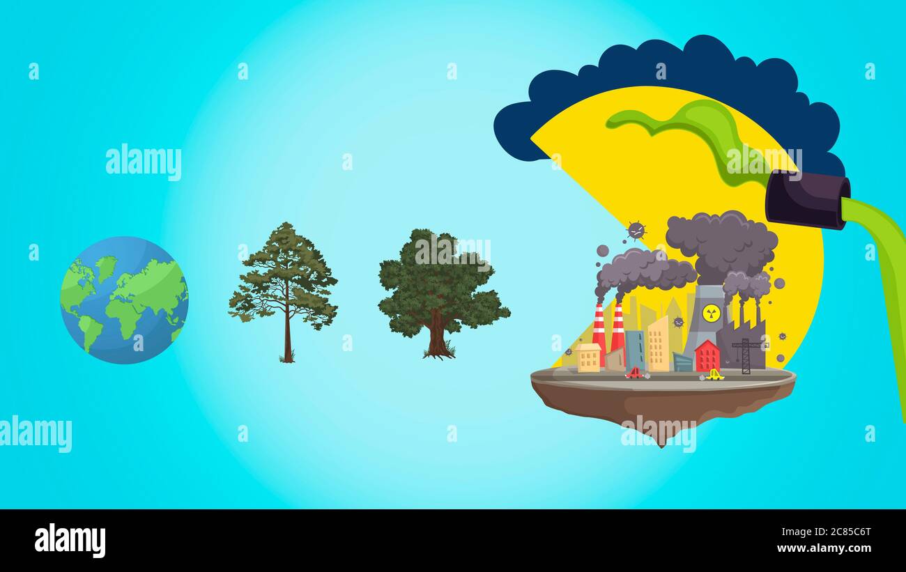 Inquinamento da fabbrica mangiare verde, illustrazione della sostenibilità, salvare il concetto mondiale Foto Stock