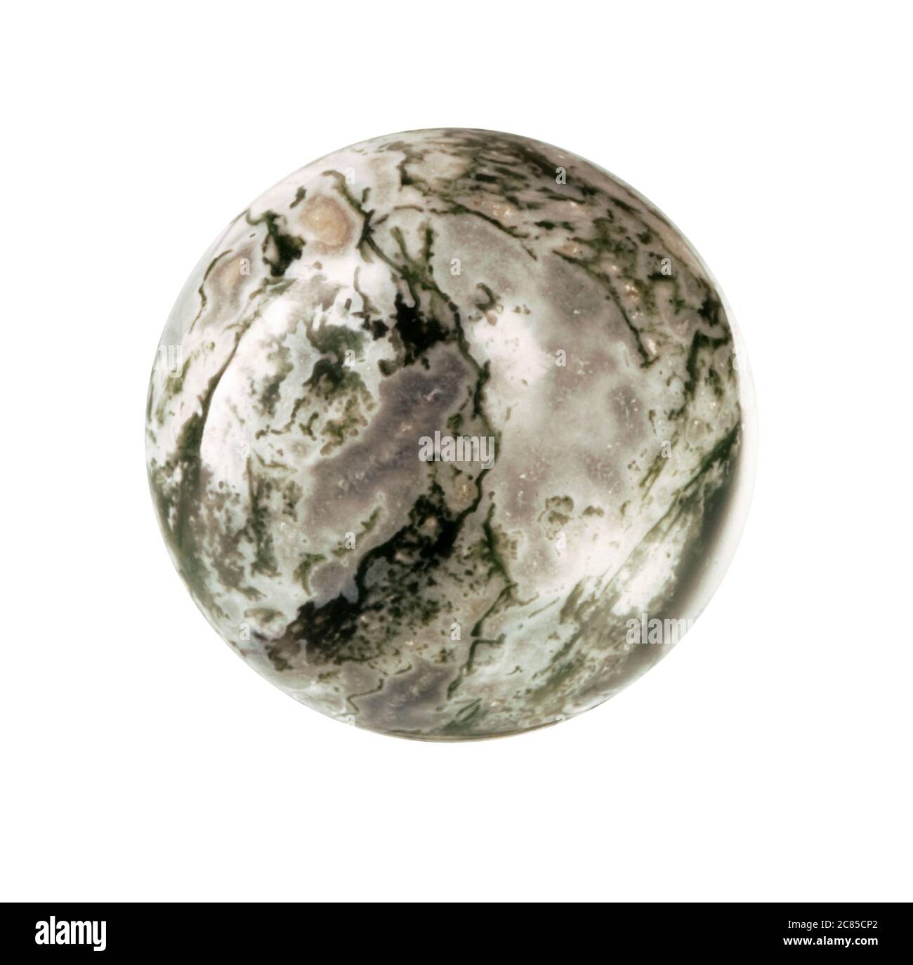 Sfera lucida Onyx verde e bianca su sfondo bianco puro. Foto Stock