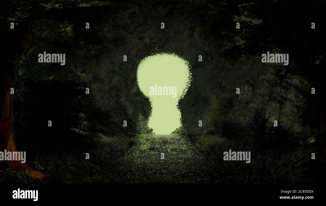 Tunnel scuro per il futuro verde, porta verde, concetto di sostenibilità Foto Stock