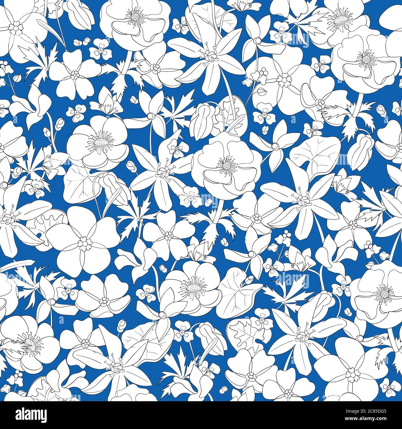 vintage monocromo senza cuciture. Piccoli fiori diversi su sfondo blu. Forget-me-not, arrowhead, Anemonia, ciclamino, bluebell Illustrazione Vettoriale