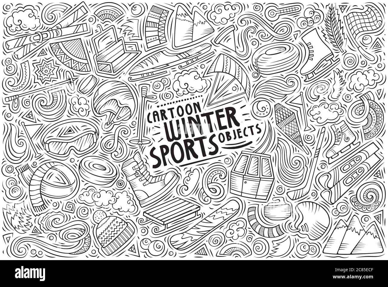 Cartoni animati di doodle disegnati a mano vettoriali insieme di oggetti e  simboli di sport invernali Immagine e Vettoriale - Alamy