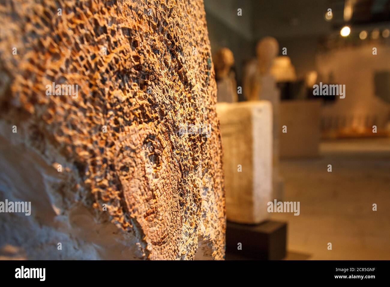 Frammento di mosaico del V secolo nel Museo Archeologico di Nikopolis, nella città di Preveza, regione Epiro, Grecia, Europa. Foto Stock