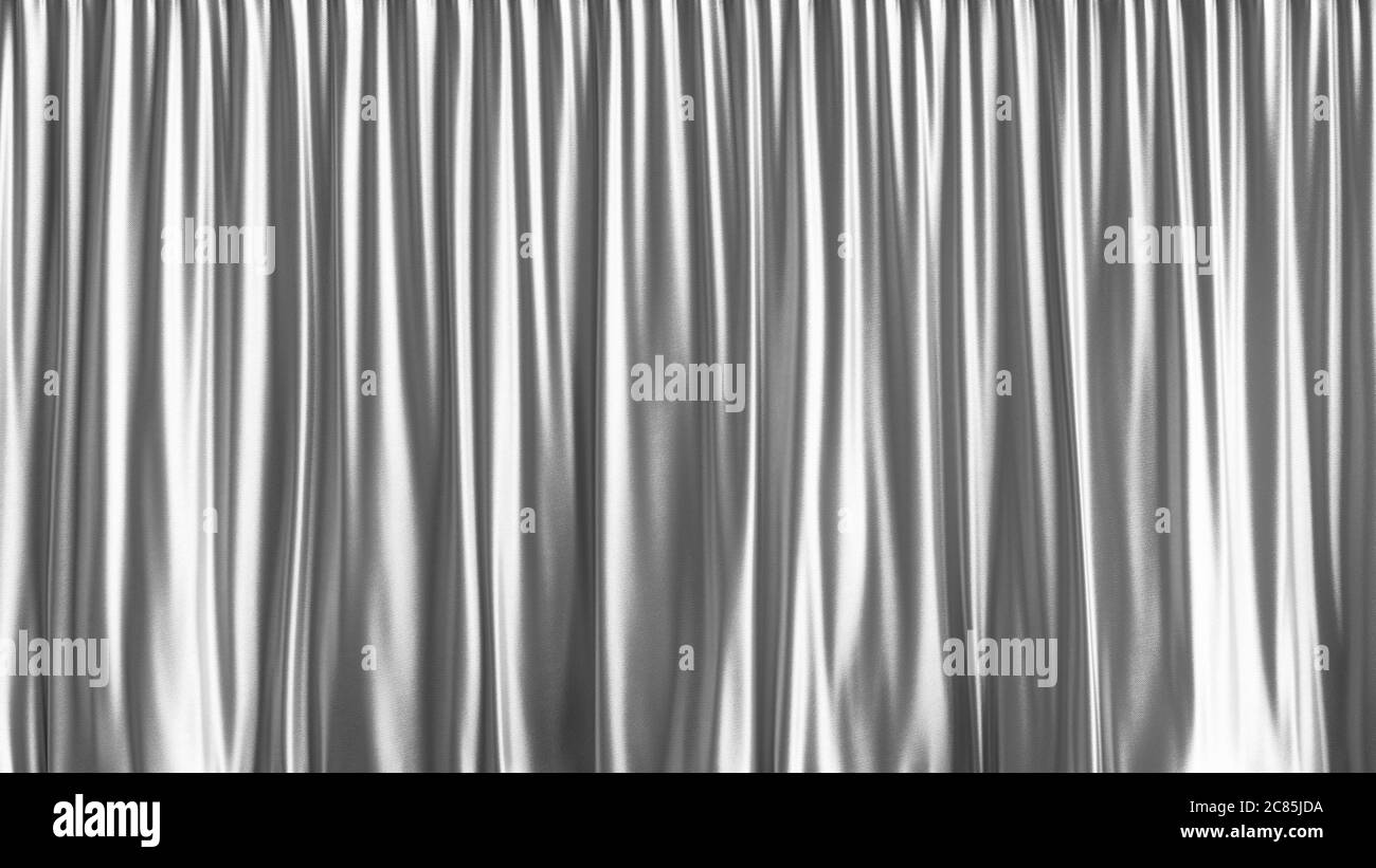 Argento chiuso tessuto tenda astratto sfondo. Satinato argento o sfondo di seta. Tessuto bianco chiaro. rendering 3d. Foto Stock