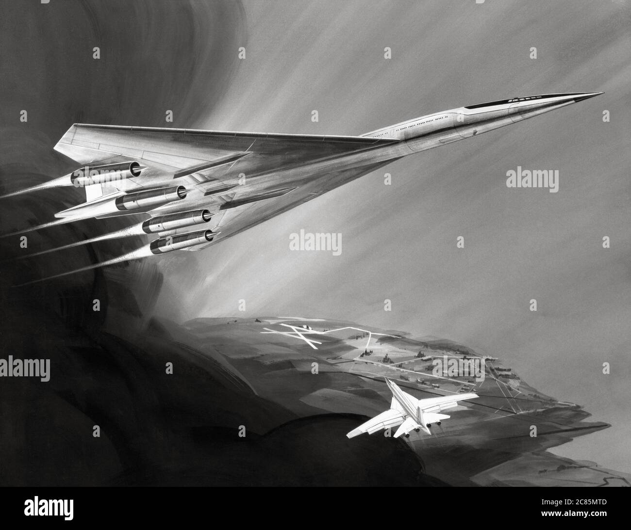 La rappresentazione artistica del Boeing 2707, che divenne il primo aereo di linea supersonico americano (SST). Illustrazione datata 1970 Foto Stock