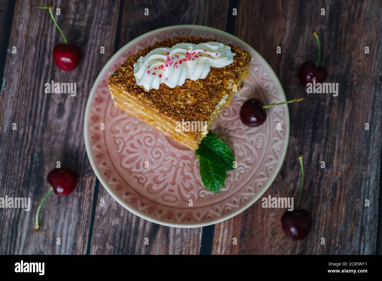 Pezzo di torta al miele multistrato con crema. Classici pezzi di torta al miele con crema pasticcera. Torta al miele fatta in casa su sfondo di legno con foglie di ciliegia e menta. Deliziosa fetta di torta a strati sul piatto Foto Stock
