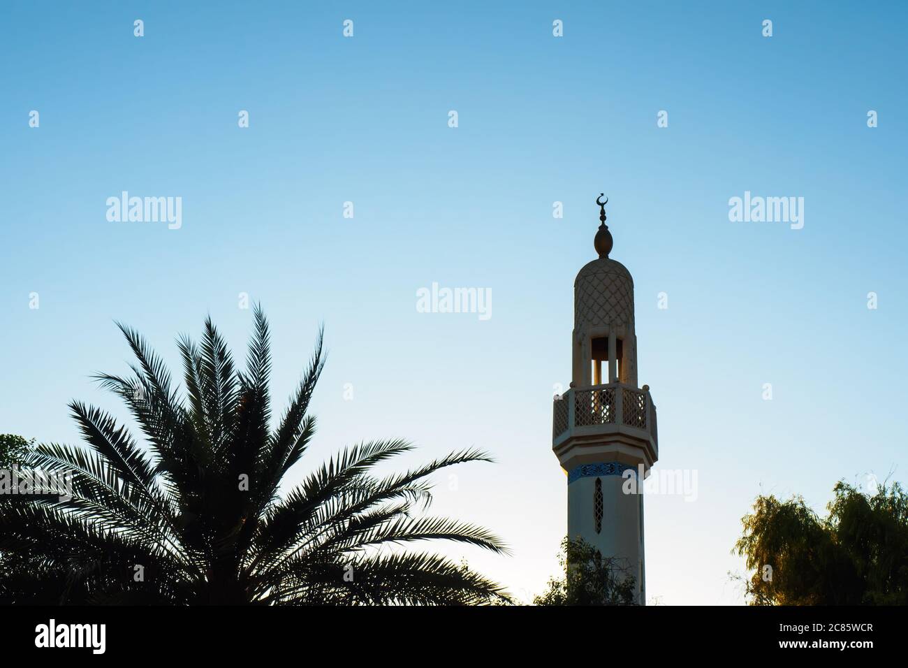 Minareto di moschea e silhouette di palma dattero su sfondo blu cielo in giornata di sole, spazio copia Foto Stock
