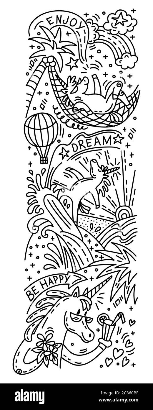 Vettore umorismo doodle e letteratura illustrazione verical con tre unicorni felici in vacanza: Bere un cocktail, sdraiarsi in un amaca, surf. Per adesivi, Illustrazione Vettoriale