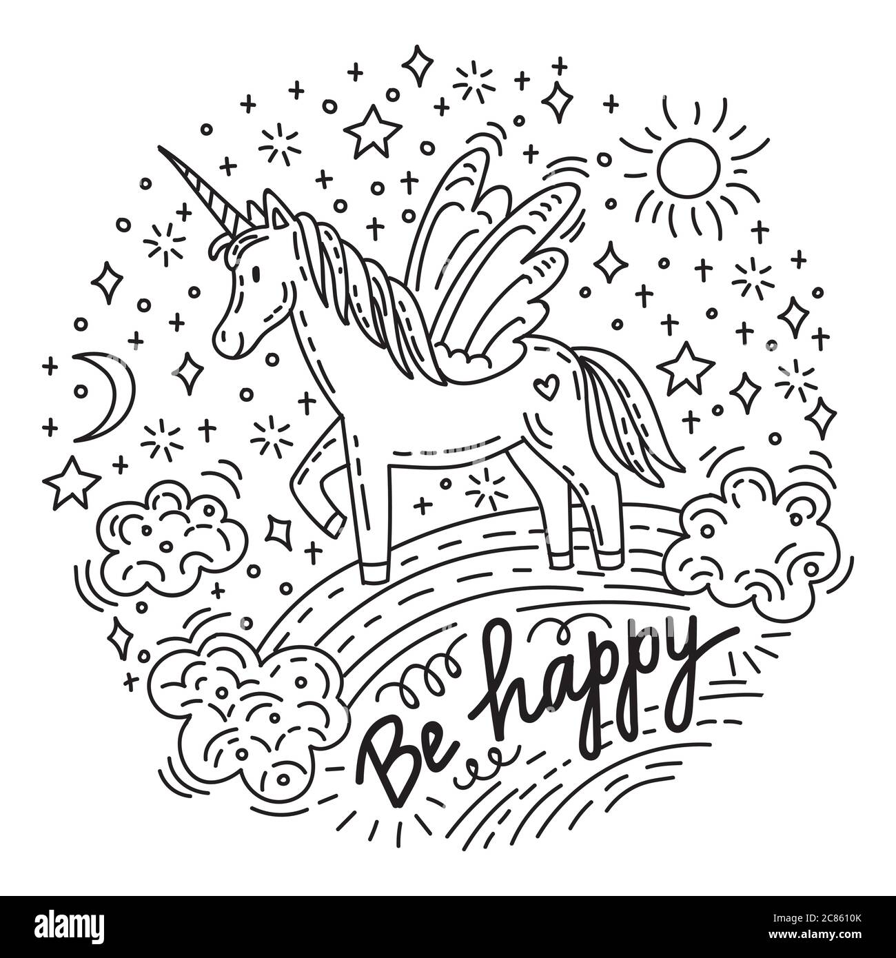 Divertente unicorno carino in piedi su un arcobaleno con il sole, stelle. Lettere essere felice. Carattere vettoriale umorismo in stile doodle. Per adesivi, cuscinetto design, c Illustrazione Vettoriale