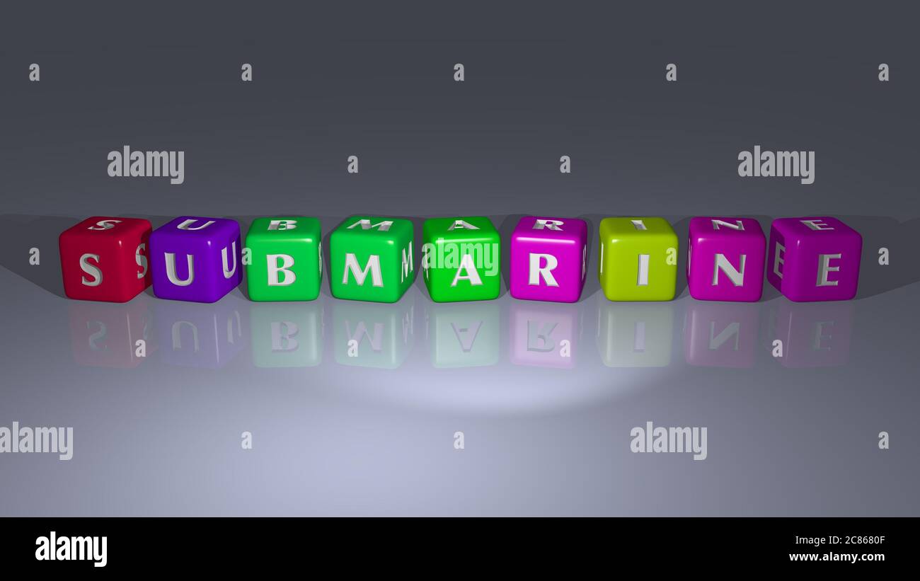 Combinazione di SOTTOMARINO costruito da lettere cubiche dal punto di vista superiore, eccellente per la presentazione concettuale. Illustrazione e barca. Illustrazione 3D Foto Stock