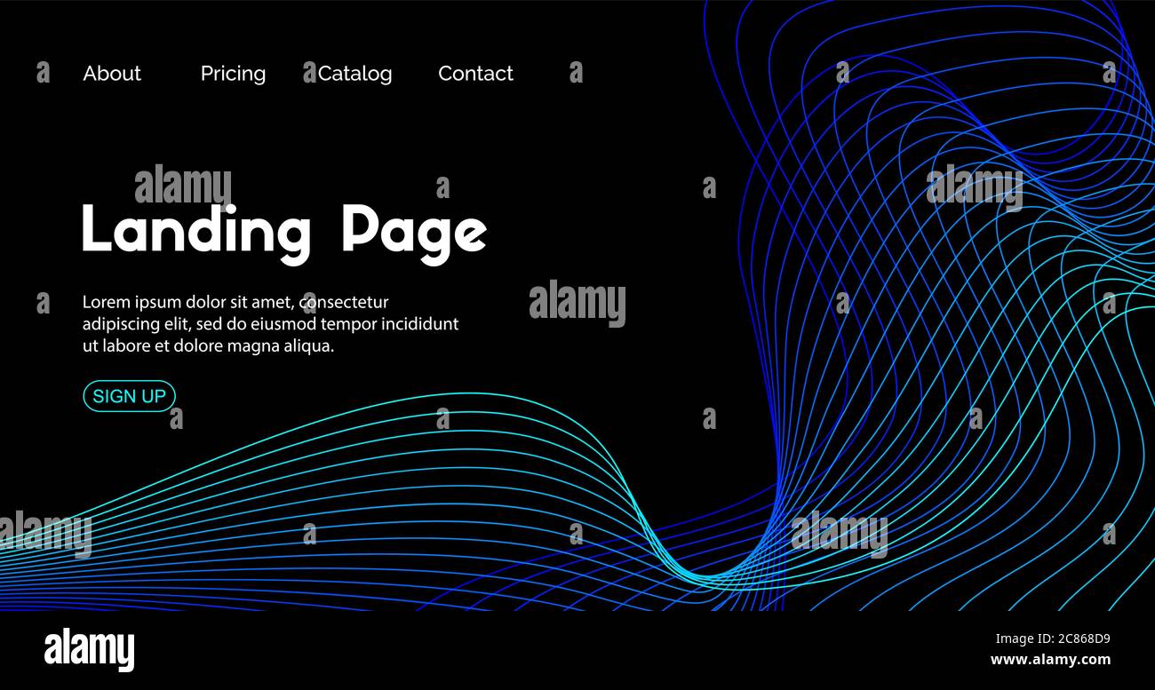 Modello vettore pagina di destinazione. Sfondo astratto blu scuro per la home page. Intestazione del sito Web con linee dinamiche Illustrazione Vettoriale