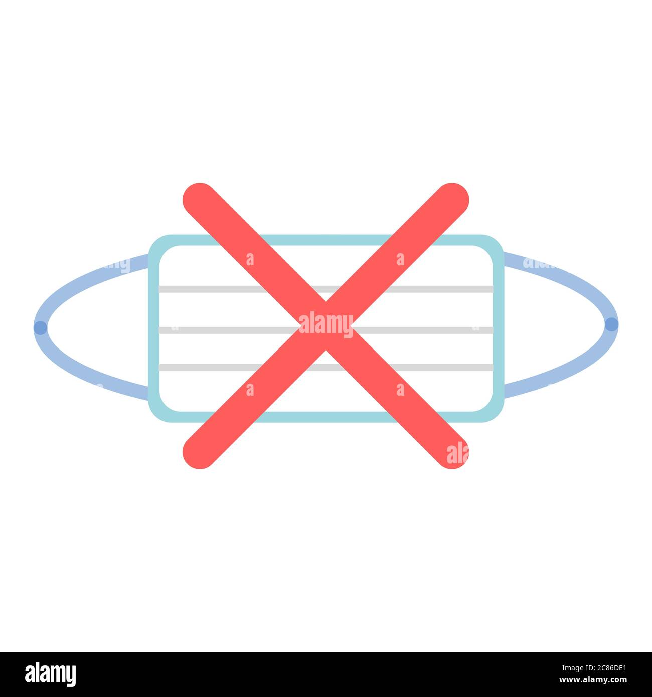 Una semplice illustrazione cartoon di una maschera facciale per coronavirus con una croce attraverso di esso, nessun concetto di segno maschera Foto Stock