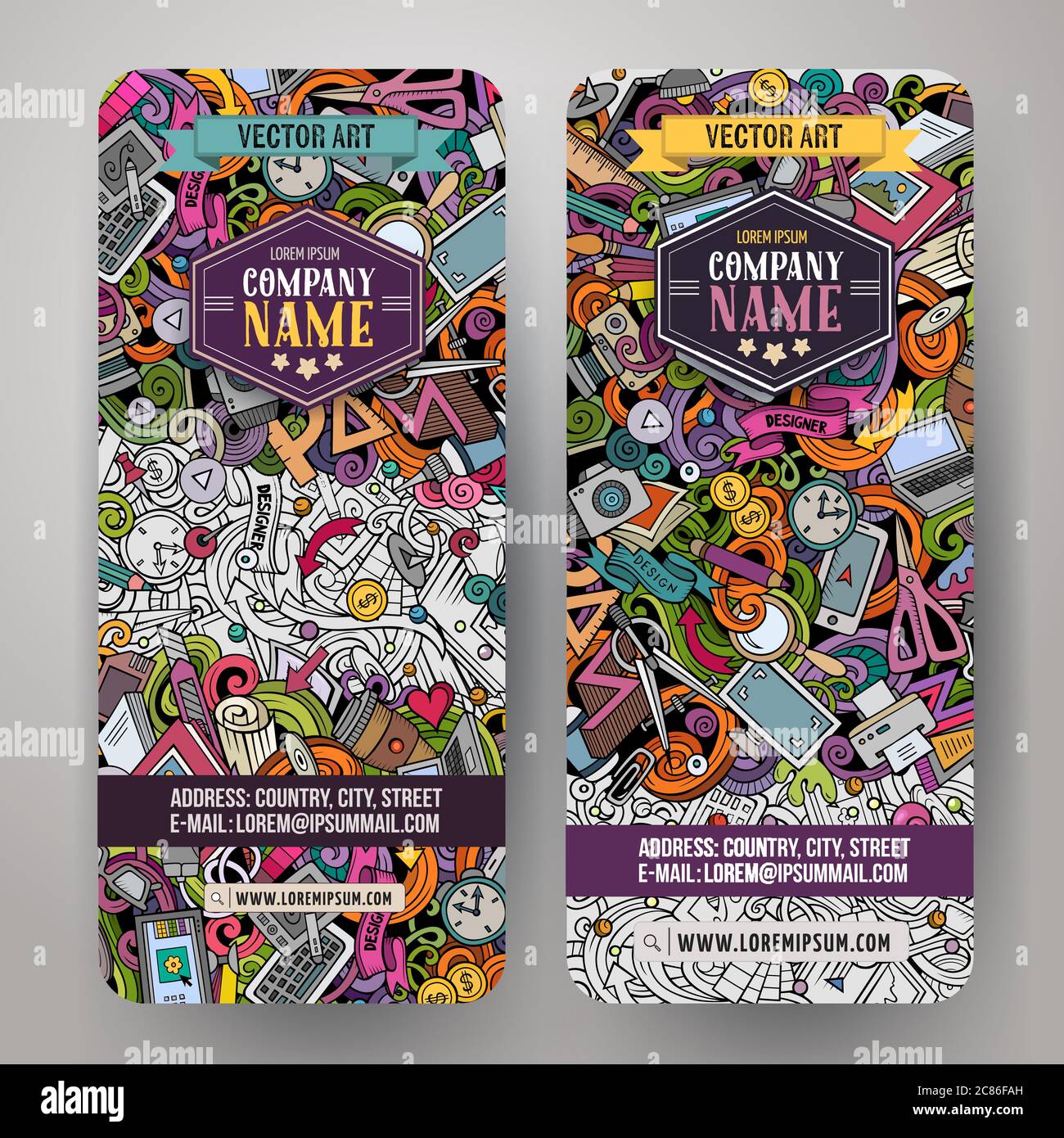 Cartoon carino vettore colorato doodles disegnati a mano Banners Designer Illustrazione Vettoriale