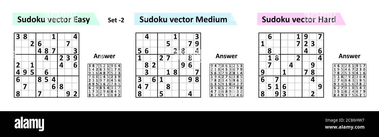 Gioco Sudoku con risposte. Semplice set di disegno vettoriale Sudoku. Modello vuoto. Illustrazione Vettoriale