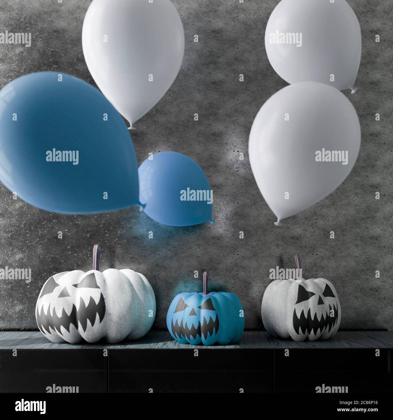 Illustrazione 3D della decorazione di Halloween del soggiorno. Zucche e palloncini. Rendering 3D Foto Stock