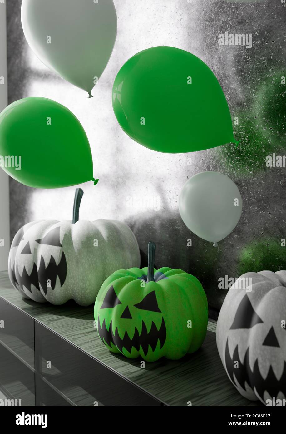 Illustrazione 3D della decorazione di Halloween del soggiorno. Zucche e palloncini. Rendering 3D Foto Stock