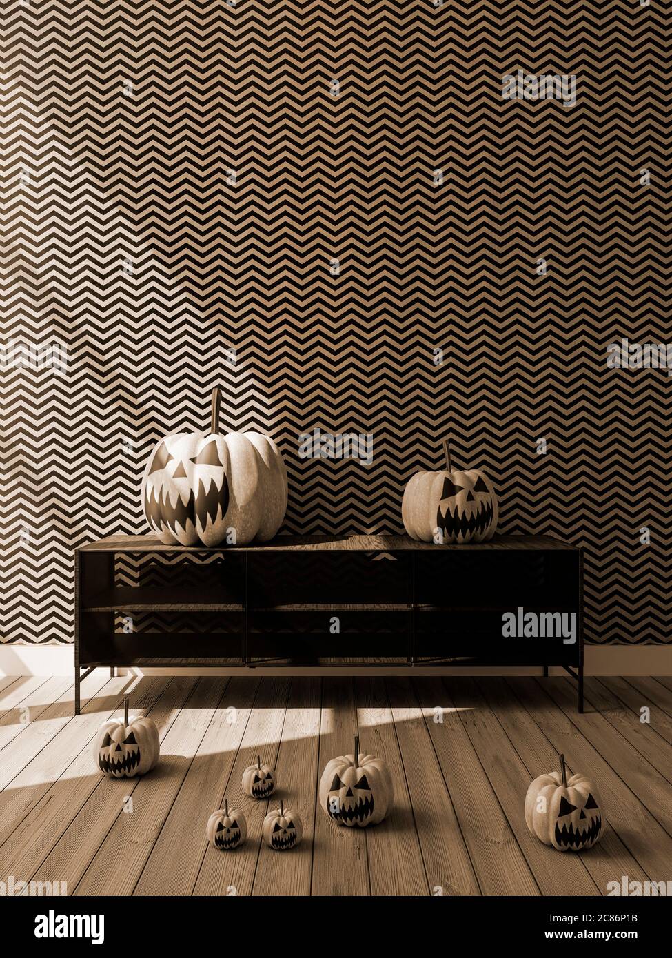 Illustrazione 3D della decorazione di Halloween del soggiorno. Zucche bianche . Rendering 3D Foto Stock