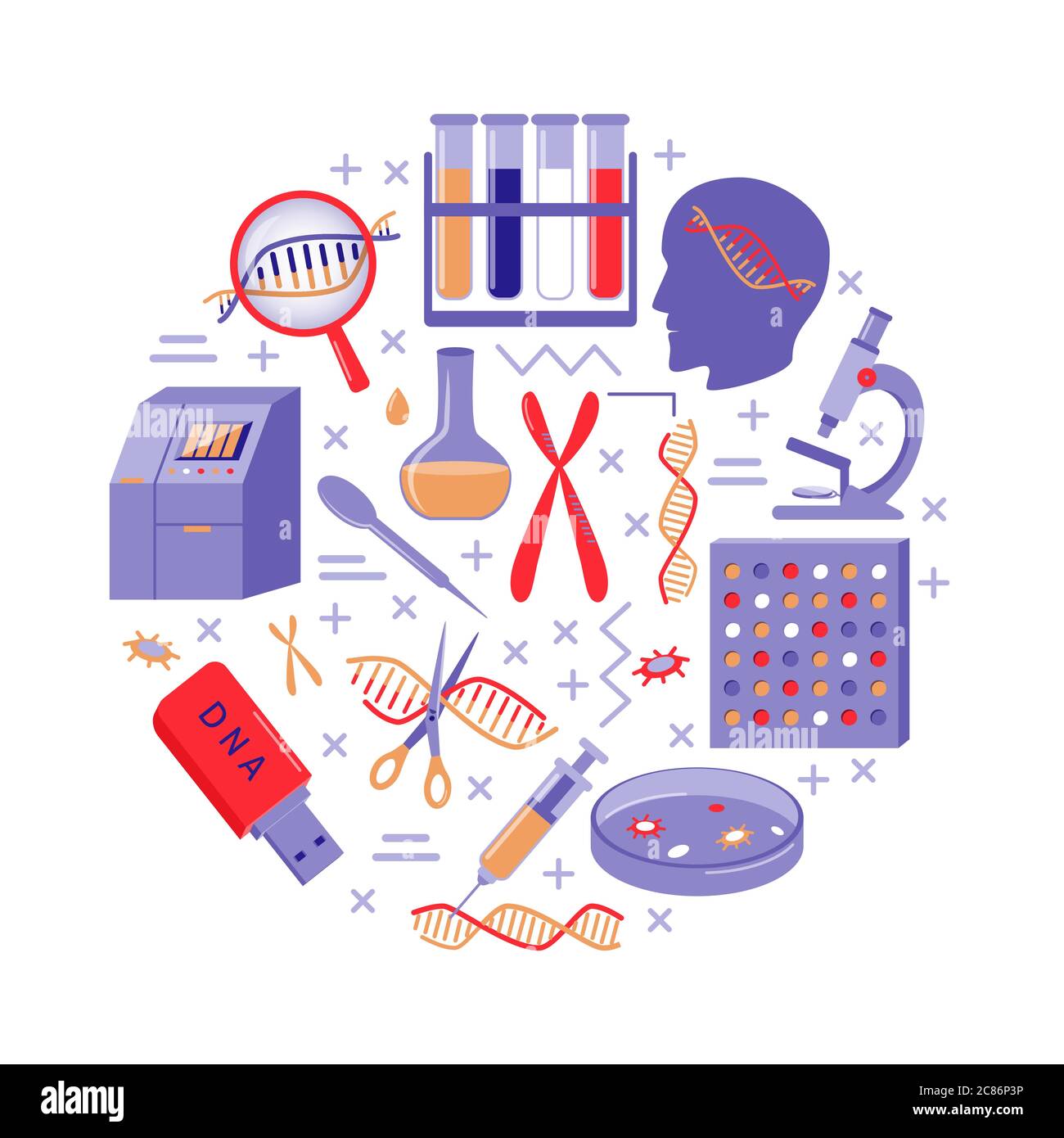 DNA ricerca concetto rotondo in stile piatto. Simboli di test genetico e sequenziamento del genoma. Banner medico o modello poster. Illustrazione Vettoriale